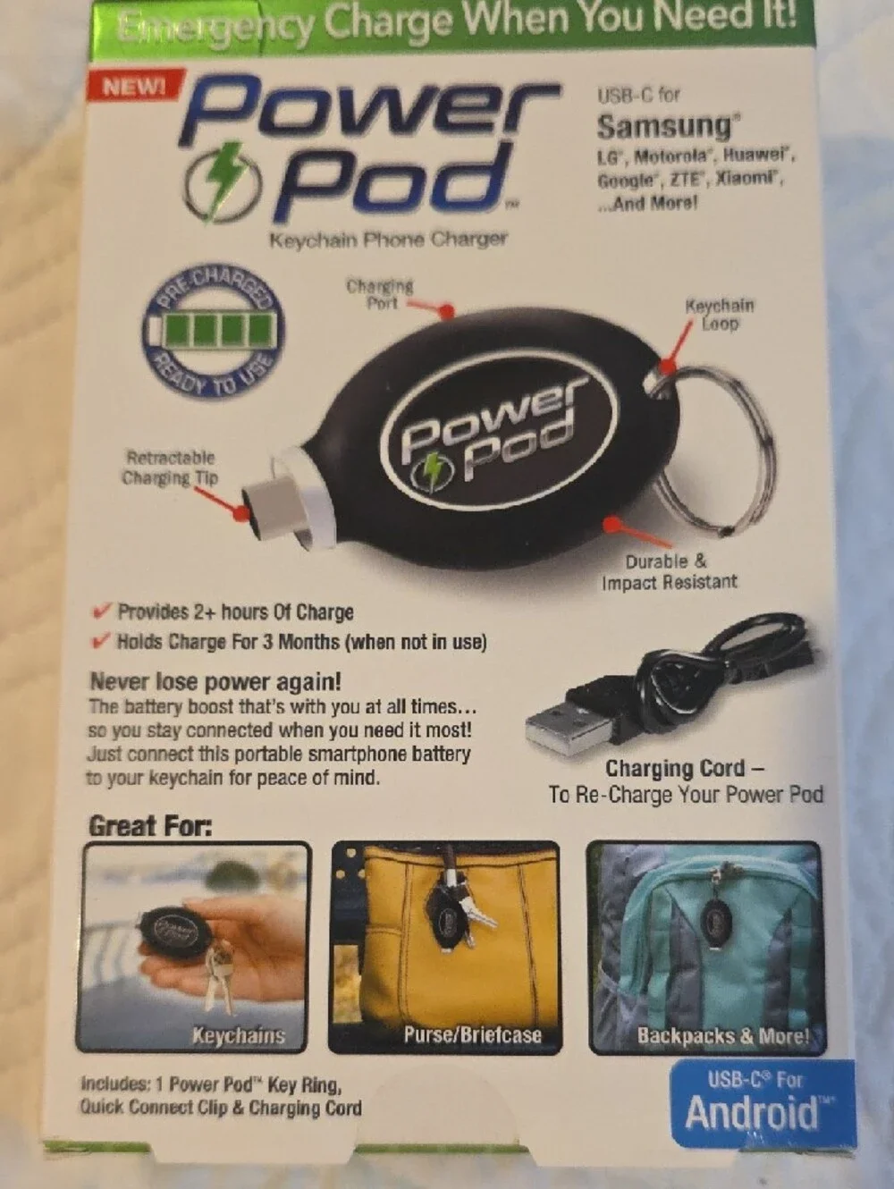 Keychain Phone Charger for Android - Black
